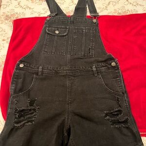 No Boundaries Black Denim Overalls with Pink Tag Detail